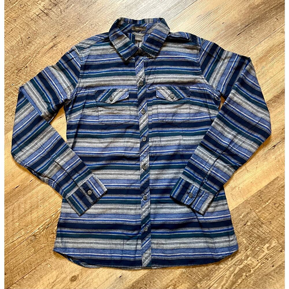 Women's Eddie Bauer Blue/Gray Striped Long Sleeve Button Up Shirt, Sz S